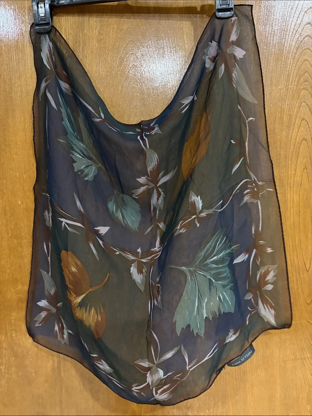 100% SILK VINTAGE Halston lifestyle Brown Scarf with Navy & Mustard Leaf Print